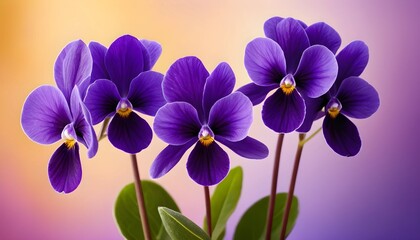 "Close-Up of Three Vibrant Purple Flowers Against a Soft Pink Gradient Background &ndash; Stunning Floral Macro Photography with Delicate Petal Details"