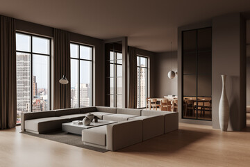Modern luxury living room with large windows and cityscape view. 3D Rendering