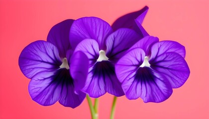 "Close-Up of Three Vibrant Purple Flowers Against a Soft Pink Gradient Background &ndash; Stunning Floral Macro Photography with Delicate Petal Details"