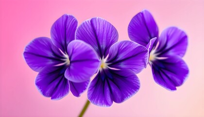 "Close-Up of Three Vibrant Purple Flowers Against a Soft Pink Gradient Background &ndash; Stunning Floral Macro Photography with Delicate Petal Details"