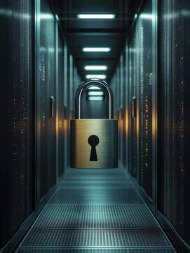 Metal padlock in a data center, safeguarding sensitive information.