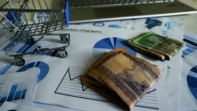 Miniature Shopping Cart with Banknotes on Financial Charts, A miniature shopping cart filled with various banknotes is placed on financial charts and graphs