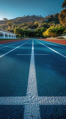 run at the school stadium,simple background, light blue and white and green,