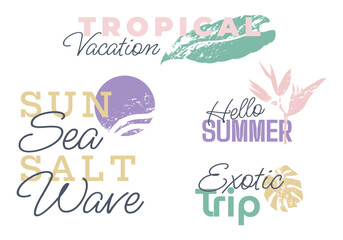 Summer logo design template set. Clip art in modern art style. Concept of tropical and nature labels. Minimalist trendy illustration of palm leaves tree and sun, exotic elements.