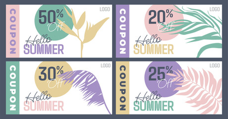 Summer Gift promotion Coupon in modern art style. Concept of tropical vacation and nature. Minimalist trendy illustration of palm leaves tree and sun, abstract nature scene.