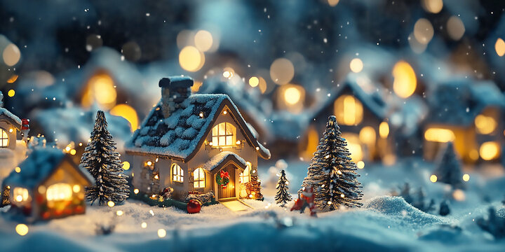 Miniature christmas village scene with snow covered houses and christmas trees at night with bokeh lights