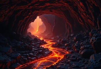 Journeying through the heart of a volcanic cave a molten river illuminates with cinematic dramatic lighting