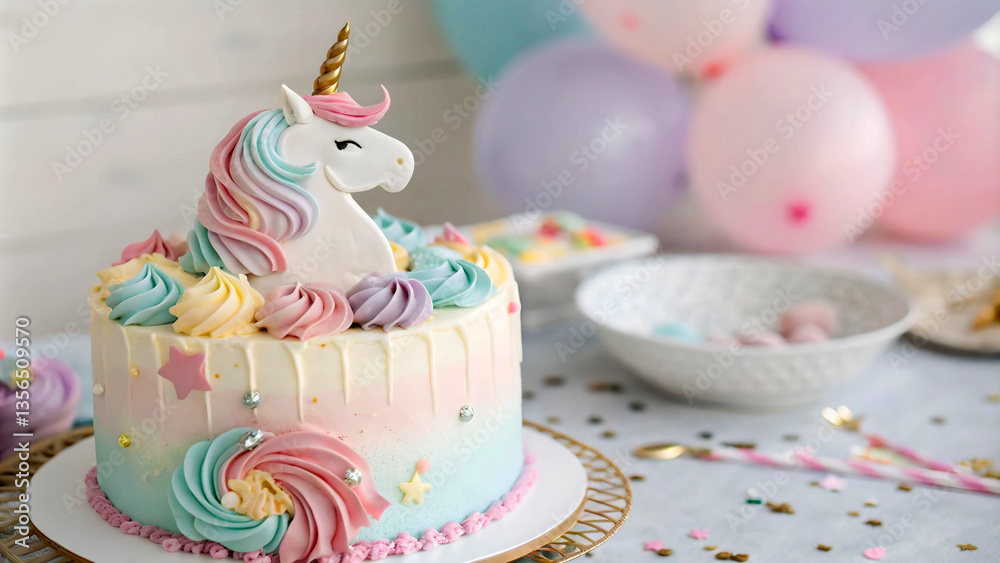 Aufkleber a colorful unicorn cake with rainbow frosting, set on a table with balloons and a decorative tablecl