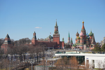Zaryadye Park in Moscow. Red Square. St. Basil's Cathedral in Moscow. Spasskaya Tower. Zaryadye on a spring day. Panorama of the Kremlin. High quality photo