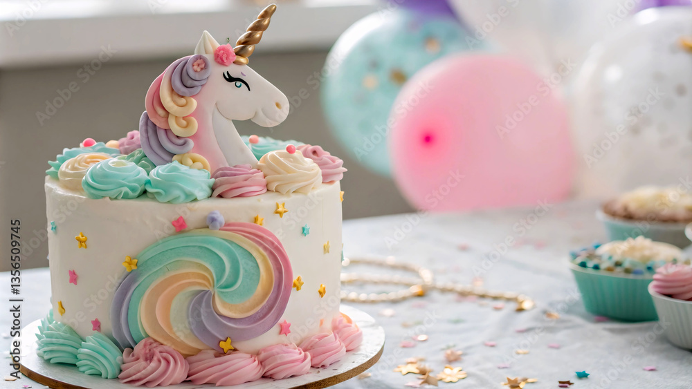 Aufkleber pink frosted cake with unicorn design on table.