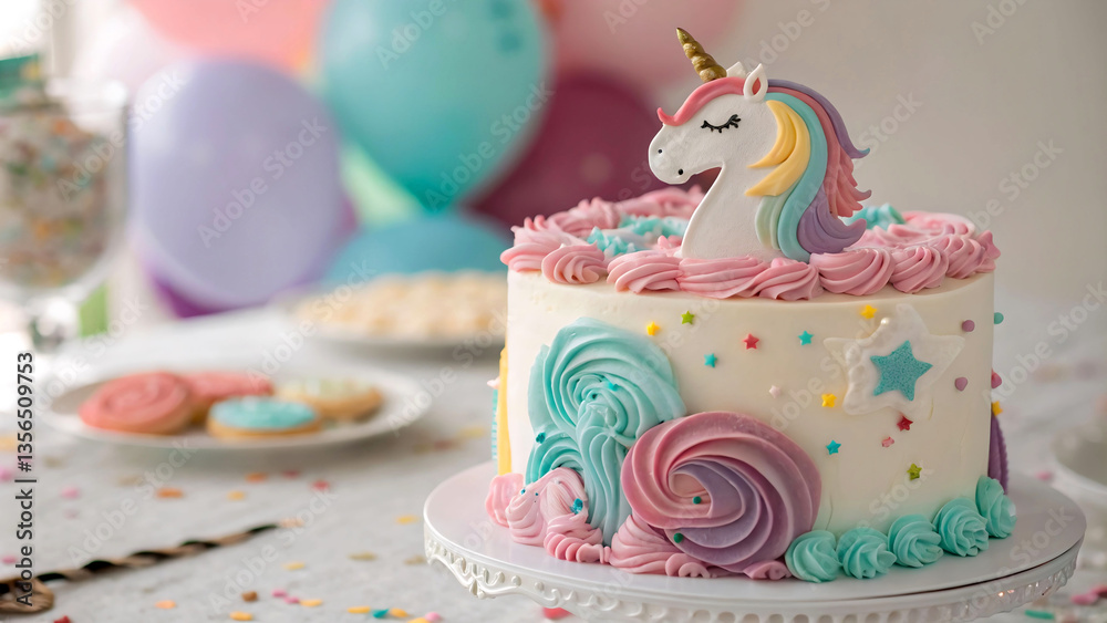 Poster pink frosted cake with unicorn design on table.
