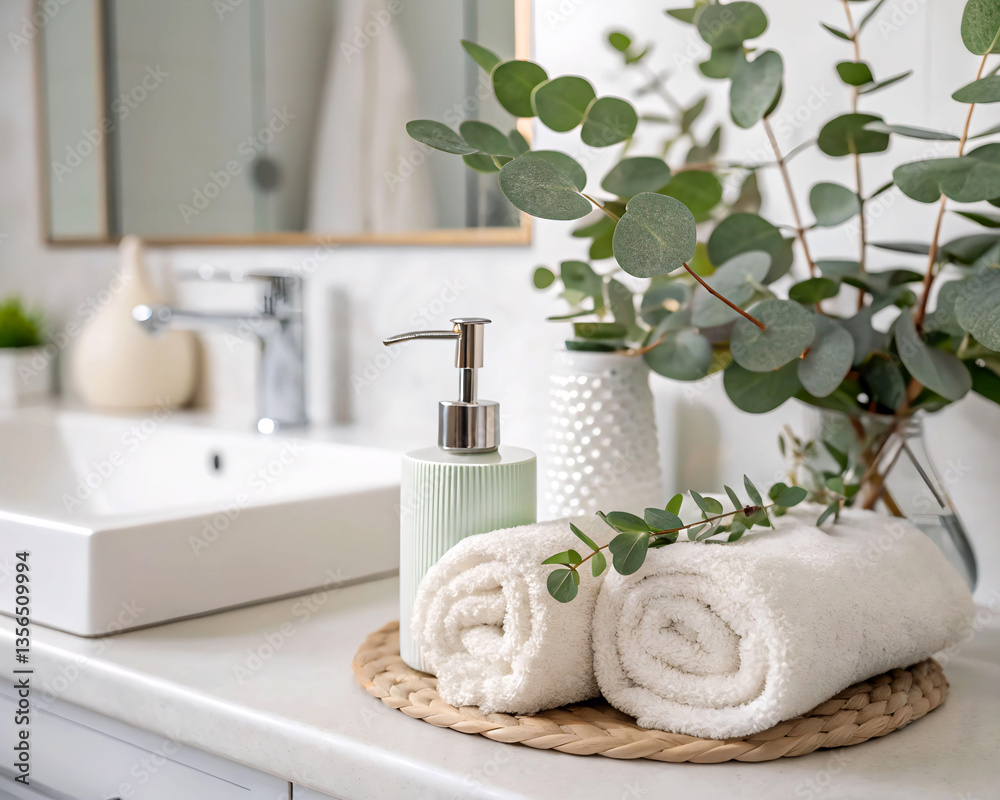 Poster  The image displays a bathroom counter with a marble soap dispenser, a rolled white towel, and a large vase with faux greenery. There are also bottles of shampoo and conditioner on the counter. 