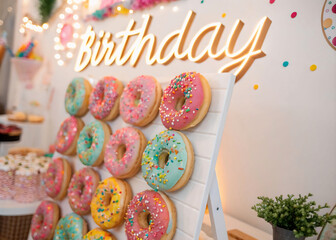  Donut-shaped sign with lit candles and sprinkles. 