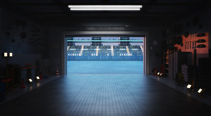 3D Garage opening onto a stadium with spectators waiting for a race to start