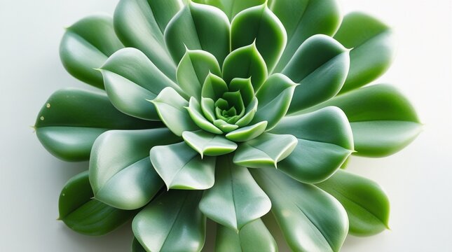 The plant features a symmetrical green rosette pattern with fleshy, fleshy leaves, smooth surfaces, and subtle gradients of green, complemented by a clean, white background.