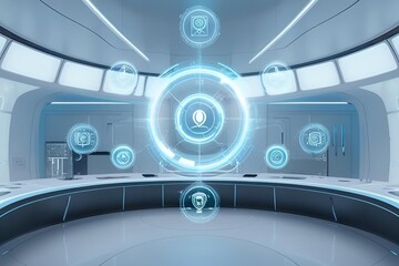 A futuristic tech interface with holographic elements