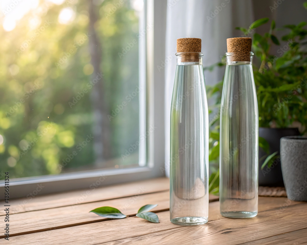 Poster two clear glass bottles with cork tops placed on wooden table by open window.
