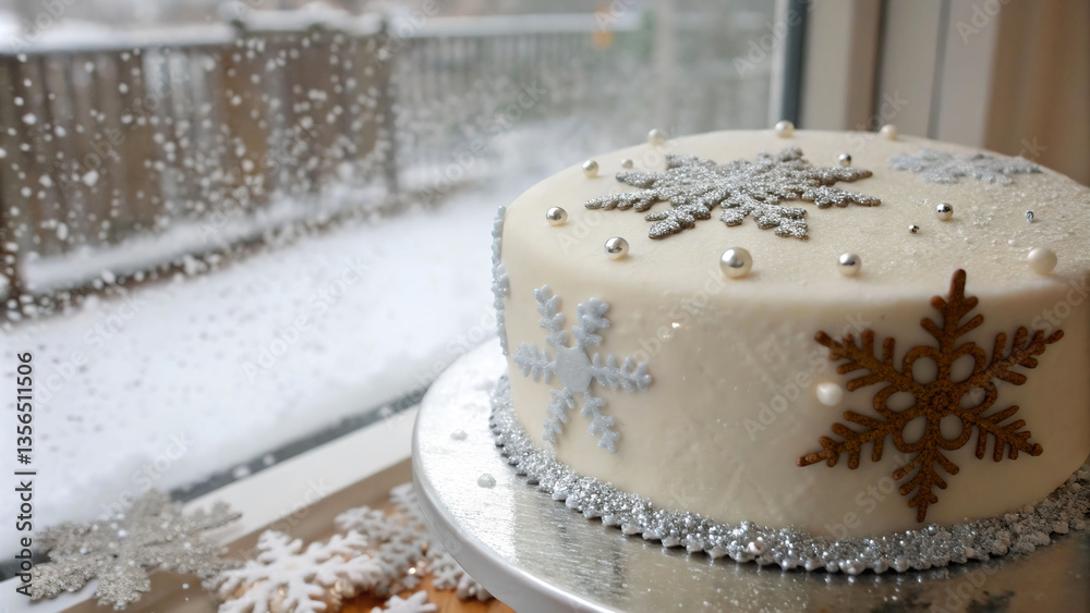 Poster  White cake with snowflake design on a plate, sitting next to window in the snow. 