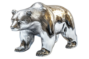 A Majestic Silver Bear Sculpture, Powerfully Poised And Gleaming, A Symbol Of Untamed Wilderness Captured In Polished Metal Isolated on Transparent Background