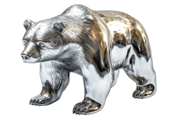 A Majestic Silver Bear Sculpture, Powerfully Poised And Gleaming, A Symbol Of Untamed Wilderness Captured In Polished Metal Isolated on Transparent Background