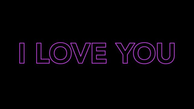 Purple neon I love you lettering appearing on a black background