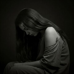 A sad girl looking down with her eyes unseen in black and white