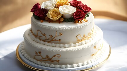 Fototapeta premium Elegant Two-Tier Wedding Cake with Red and White Roses