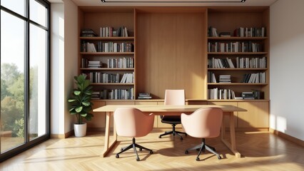 Bright Home Office Interior With Bookshelves