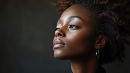 Captivating portrait of a woman with natural hair showcasing elegance and confidence against a dark background
