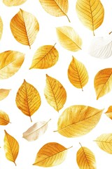 Fototapeta premium Seamless pattern of golden autumn leaves on white background with soft texture and natural fall foliage design