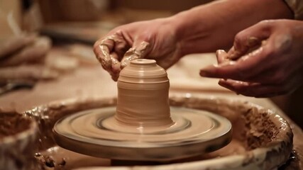 Woman crafting pottery on wheel. Hands shaping clay vessel. Traditional ceramic making process. Artisan creating handmade earthenware. Pottery workshop demonstration.