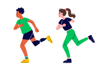 Man with prosthesis and woman with amputated arm running. Healthy lifestyle concept.