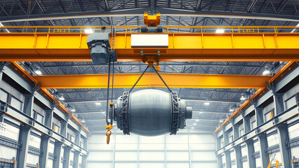 Industrial scene featuring a heavy object lifted by a yellow overhead crane