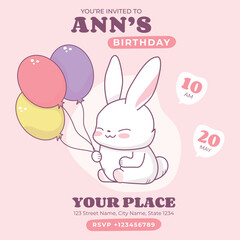 Kids birthday invitation for a girl. Cute card with a kawaii bunny on a pink background