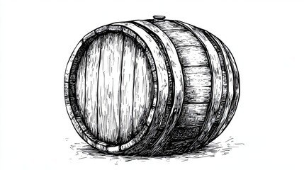 Sketch engraving of vintage wooden barrel with metal hoops isolated on white background in rustic style