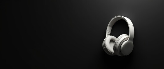 White wireless headphones on black background. Modern audio technology concept with copy space for design and advertisement