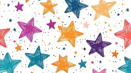 Seamless pattern with colorful hand drawn stars and scattered dots on white background in doodle style