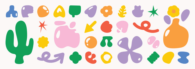 Set of abstract organic shapes vector. Collection of contemporary figure, leaf, flower, sparkle, geometric shape in funky groovy. Cute hippie design element perfect for banner, print, stickers.