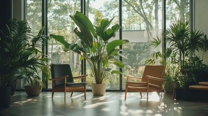 Fototapeta premium Cozy Indoor Space with Modern Chairs and Lush Green Plants