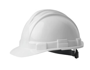 Fototapeta premium White construction hard hat on white background with chin strap highlighted, cut out