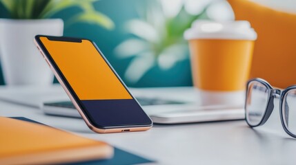 A cell phone and a pair of glasses resting on a desk surrounded by everyday work items and essentials