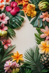 Fototapeta premium Vibrant tropical floral arrangement featuring hibiscus frangipani and monstera leaves on a beige background creating a lush exotic botanical frame