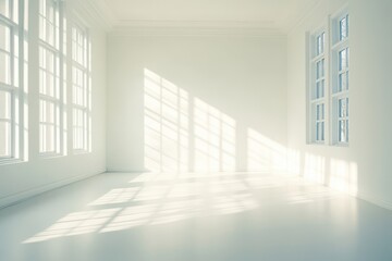 Fototapeta premium A bright, empty white room with soft lighting and subtle shadows, 