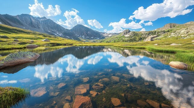 Beautiful landscape features a clear lake and mountain reflections