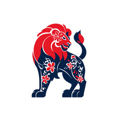 Stylized Red and Blue Lion with Cherry Blossoms Design
