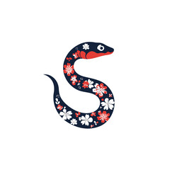 Obraz premium Ornate Floral Snake Design - Dark Blue and Red Serpent with Cherry Blossoms