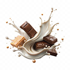 Realistic 3d milk and chocolate splashes against each other isolated on white background	