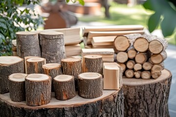 Rustic Wooden Logs and Tree Stump Slices Nature Background