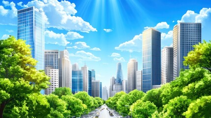 Fototapeta premium Vibrant Cityscape: Modern Architecture and Lush Greenery Under a Sunny Sky