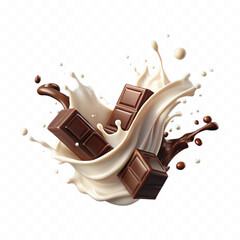 Realistic 3d milk and chocolate splashes against each other isolated on white background	